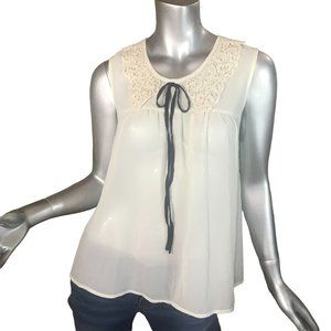 Alice Moon by Moon Collection Cream Semi Sheer Blouse Sleeveless Crochet Collar